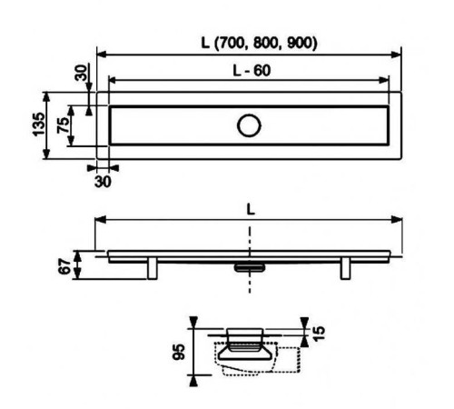 Комплект дренажного канала TECE TECElinus 700 мм с основой под плитку и панелью 15103079