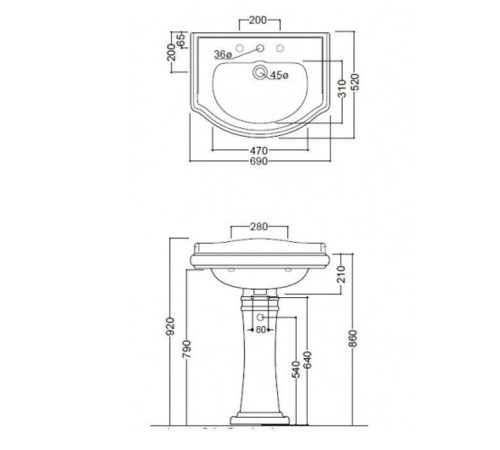 Раковина Kerasan Retro 69 69х52 см 1 отверстие белая 104601/7602/107001