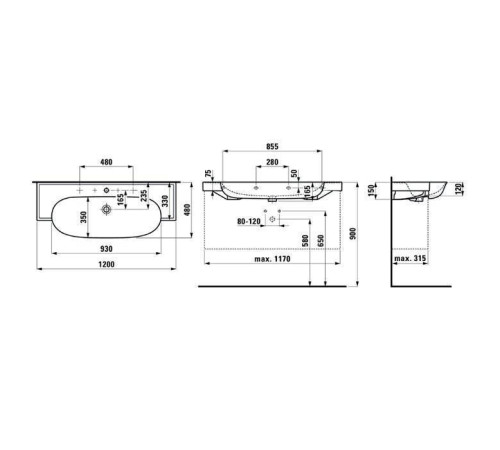 Раковина Laufen The New Classic 120х48х16.5 см накладная 1 отверстие белый 8.1385.8.000.104.1