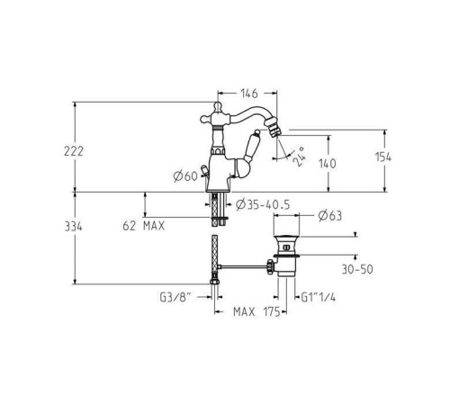 Смеситель для биде Gattoni Orta с высоким изливом белая ручка и донный клапан бронза 2751/27V0