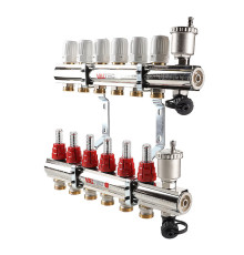 Коллекторный блок Valtec из нержавеющей стали с термоклапанами и расходомерами 1 x 9 выходов 3/4 Евроконус VTc.596.EMNX.0609