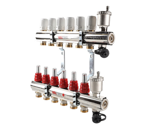 Коллекторный блок Valtec из нержавеющей стали с термоклапанами и расходомерами 1 x 9 выходов 3/4 Евроконус VTc.596.EMNX.0609