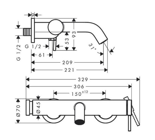 Смеситель для ванны Hansgrohe Tecturis S настенный хром 73422000