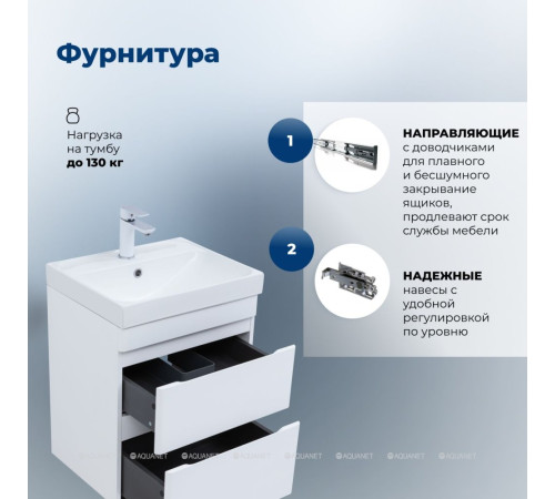 Тумба с раковиной Aquanet Слим 50 подвесная 2 ящика белый сатин 00348175