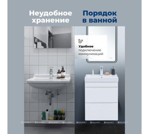 Тумба с раковиной Aquanet Слим 50 подвесная 2 ящика белый сатин 00348175