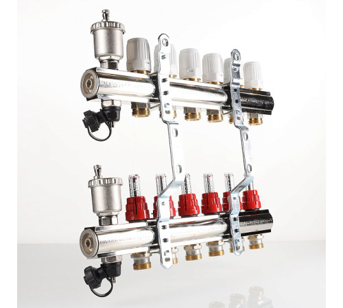 Коллекторный блок Valtec из нержавеющей стали с термоклапанами и расходомерами 1 x 9 выходов 3/4 Евроконус VTc.596.EMNX.0609