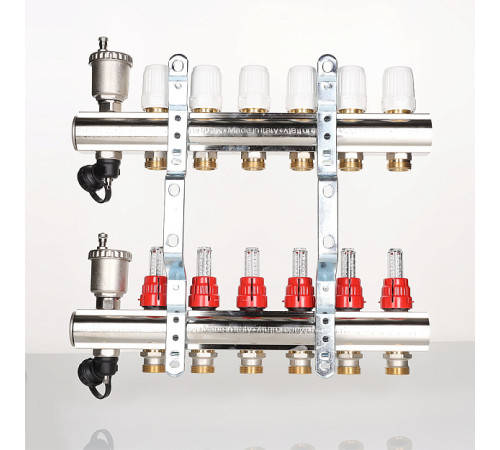 Коллекторный блок Valtec из нержавеющей стали с термоклапанами и расходомерами 1 x 9 выходов 3/4 Евроконус VTc.596.EMNX.0609