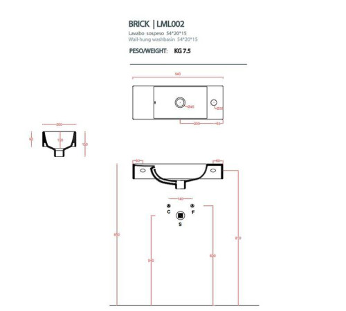 Раковина Artceram Lavamani Brick 20х54 см 1 отверстие белый LML002 01 00