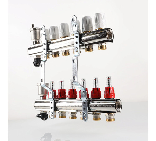 Коллекторный блок Valtec из нержавеющей стали с термоклапанами и расходомерами 1 x 9 выходов 3/4 Евроконус VTc.596.EMNX.0609