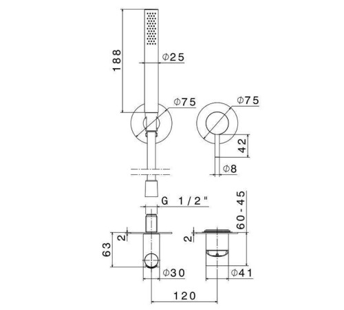 Смеситель для душа встраиваемый Newform X-STEEL 316 с ручным душем и шлангом 150 см INOX 69676EX.50.050