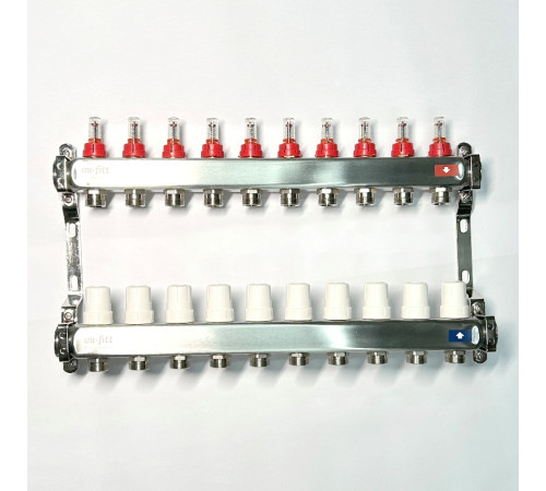 Коллекторная группа STOUT 1 x 10 выходов 3/4 с расходомерами и термостатическими вентилями без концевых групп нержавеющая сталь 506249