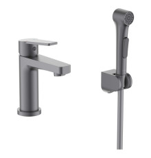 Смеситель для раковины Aquanet Лугано 106 мм с гигиеническим душем оружейная сталь AQ1712BGM