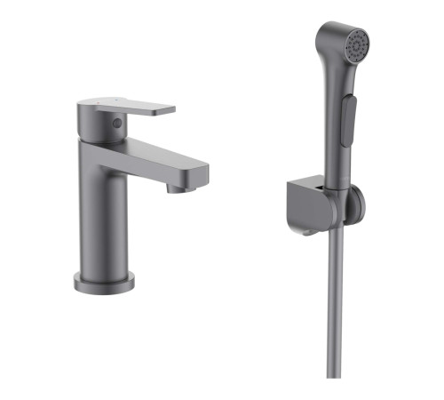 Смеситель для раковины Aquanet Лугано 106 мм с гигиеническим душем оружейная сталь AQ1712BGM