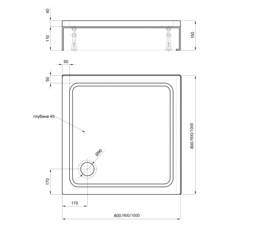 Поддон душевой D-Pol акриловый квадратный 100x100x15 см с ножками и панелью DPA-0000003