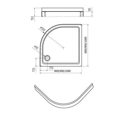 Поддон душевой D-Pol акриловый 1/4 круга 100x100x15 см с ножками и панелью DPA-0000002