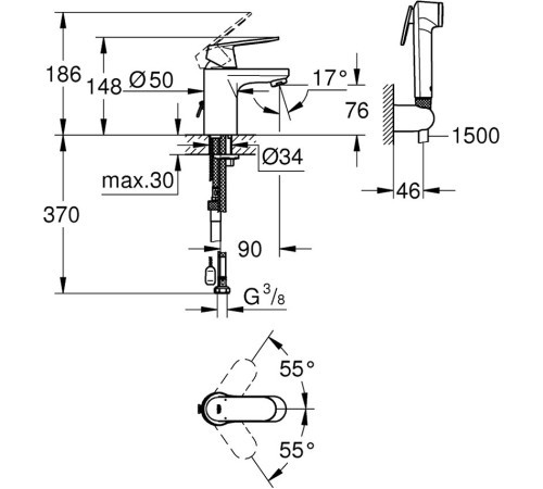Смеситель для раковины GROHE Eurosmart Cosmopolitan с гигиеническим душем хром 23125000