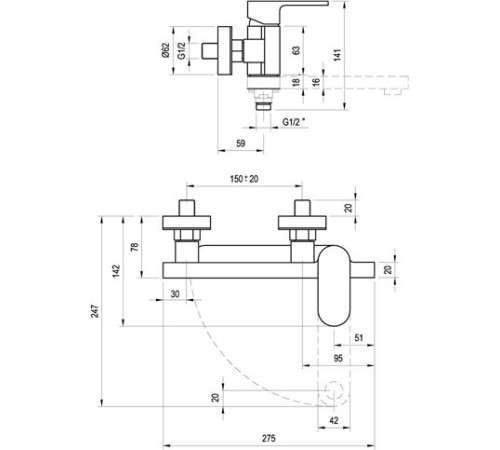 Смеситель для ванны Ravak Chrome CR 022.00/150 150 мм X070042