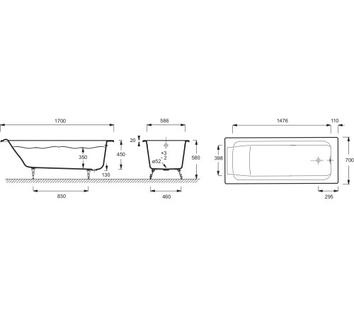 Ванна чугунная Jacob Delafon Parallel 170х70 см без отверстий для ручек E2947-00