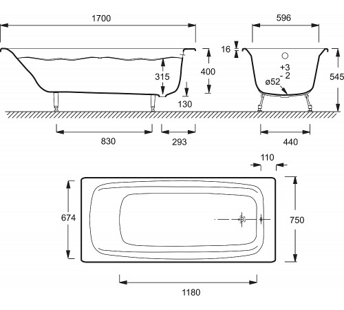 Ванна чугунная Jacob Delafon Diapason 170х75 см E2937-S-00
