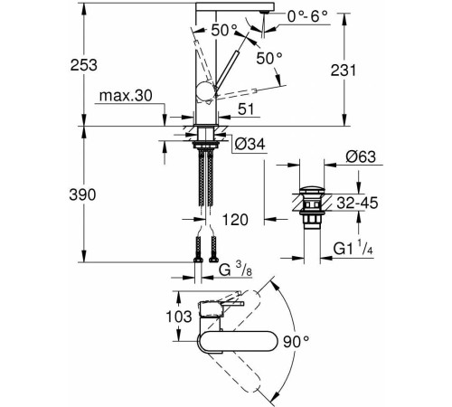 Смеситель для раковины GROHE Plus L-Size однорычажный с поворотным изливом и нажимным сливным гарнитуром хром 23873003
