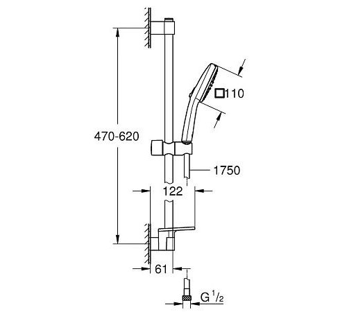 Душевой гарнитур GROHE Tempesta Cube 110 2 режима штанга 600 мм шланг 1750 мм полочка хром 27928003