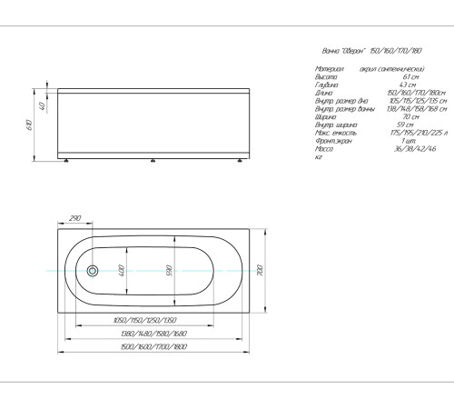 Ванна акриловая Triton Оберон 150х70 см с экраном слив слева OBR150-0000002