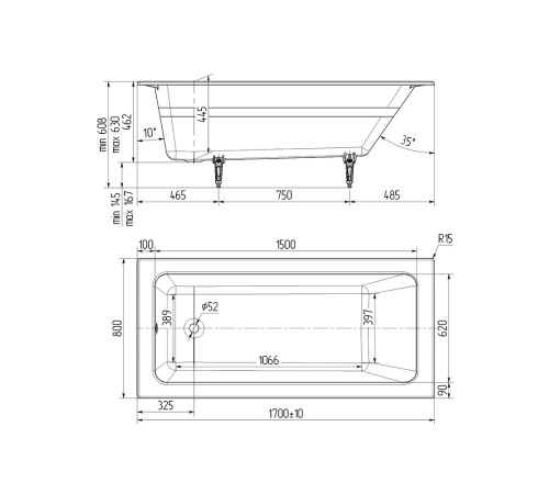 Ванна чугунная Wotte Line 1700х800х462 мм Line 1700x800