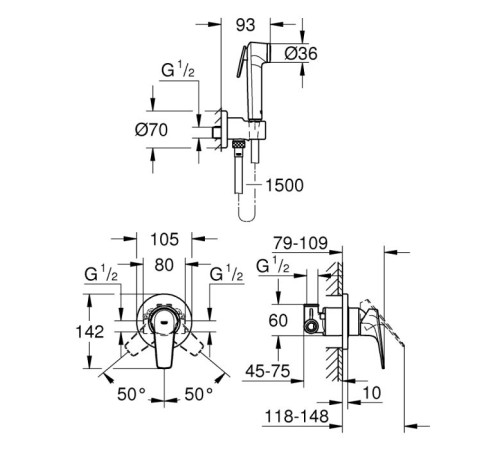 Комплект для гигиенического душа Grohe BauFlow со встраиваемым смесителем и шлангом хром 29328000