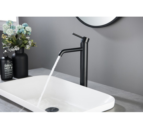 Смеситель для раковины высокий Aquanet Europa 215 мм без донного клапана матовый черный AQ1304MB