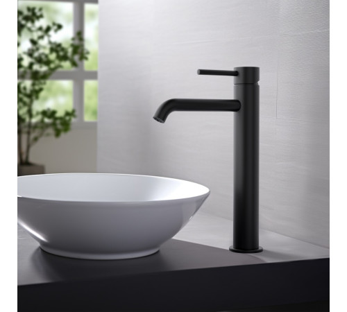 Смеситель для раковины высокий Aquanet Europa 215 мм без донного клапана матовый черный AQ1304MB