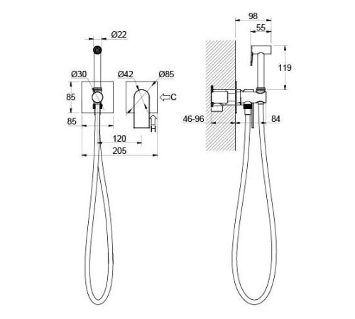 Комплект для гигиенического душа Aquanet Лира встроенный 2 отверстия матовый черный AQ1420MB