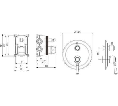 Смеситель для ванны Aquanet Классик встраиваемый 3 режима (внешняя и скрытая часть) матовый черный AQ1547MB