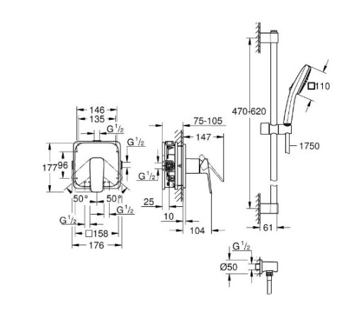 Душевой комплект GROHE CUBEO со смесителем скрытого монтажа и гарнитуром Tempesta Cube 110 матовый черный 1053352430