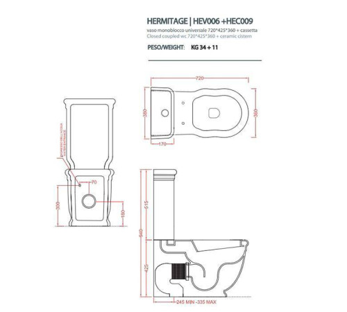 Унитаз-моноблок пристенный Artceram HERMITAGE 71х36 см белый ACA006 72 HEV006 01 00 HEC009 01 00