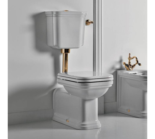 Унитаз напольный удлиненный Kerasan Waldorf 65х37 см с низким бачком и трубой белый/золото 751391/411601/418201/760391/757191