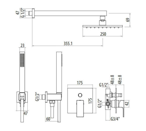 Душевой комплект встраиваемый Gattoni Kubik верхний душ 250х250 мм черный матовый 2590/25NO