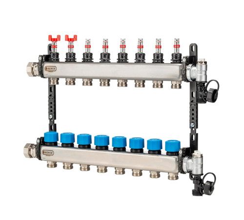 Коллектор из нержавеющей стали HENCO с расходомерами, воздухоотводчиком и дренажом 1 x 8 вых. 3/4 UFH-0605MDSS08