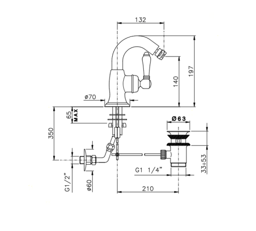 Смеситель для биде Nicolazzi P.M. Blanc с донным клапаном излив 132 мм хром 3455CR76C