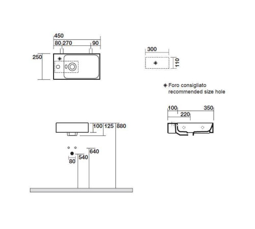 Раковина подвесная Kerasan Cento 45х25 см 1 отверстие слева 353701L