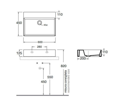 Раковина подвесная/накладная Azzurra Elegance Squared 60x45 см без отв. Tortora ELLP060450Q0TO