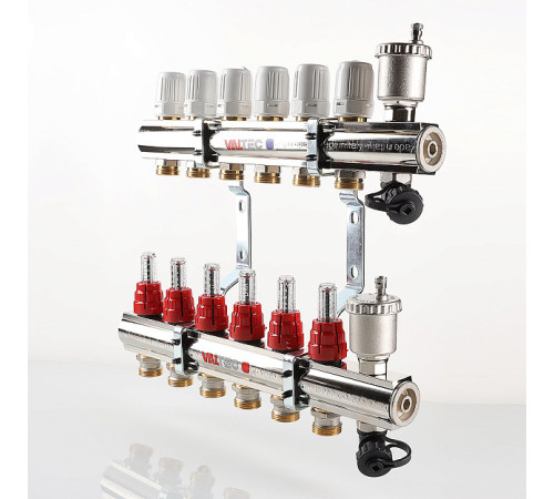 Коллекторный блок Valtec из нержавеющей стали с термоклапанами и расходомерами 1 x 9 выходов 3/4 Евроконус VTc.596.EMNX.0609