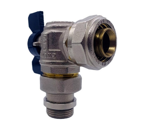 Кран шаровой угловой резьбозажимной Tiemme 26 мм x 3/4 ручка-бабочка синяя 1620004