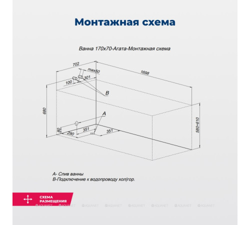 Акриловая ванна Aquanet Agata 170x70 см с каркасом 00352894