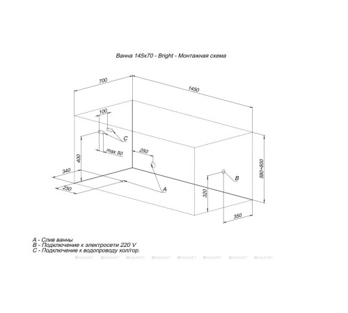 Акриловая ванна Aquanet Bright 145x70 см с каркасом 00239668