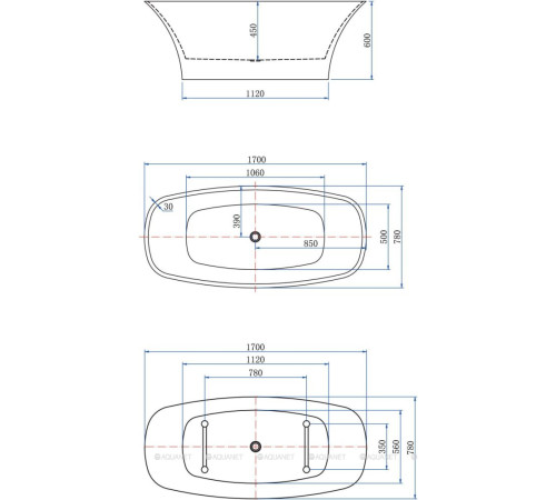 Ванна акриловая Aquanet Family Smart 1700x780 мм со сливом-переливом белый матовый/черный матовый 88778-MW-MB