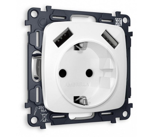 Розетка с заземлением и 2хUSB type A, без рамки Ambrella Volt MO MO109010