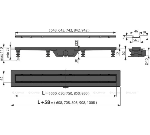 Водоотводящий желоб AlcaPlast Simple для двухсторонней решетки 850 мм черный APZ19BLACK-850