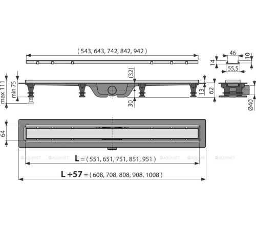 Водоотводящий желоб AlcaPlast Simple для двухсторонней решетки с рамкой 550 мм APZ20-550