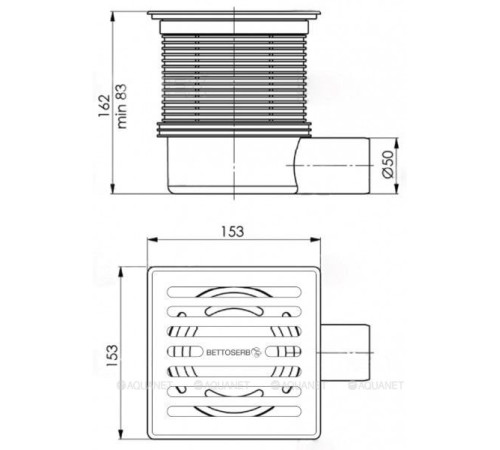 Трап точечный Bettoserb 15х15 см горизонтальный выпуск d50 14702509