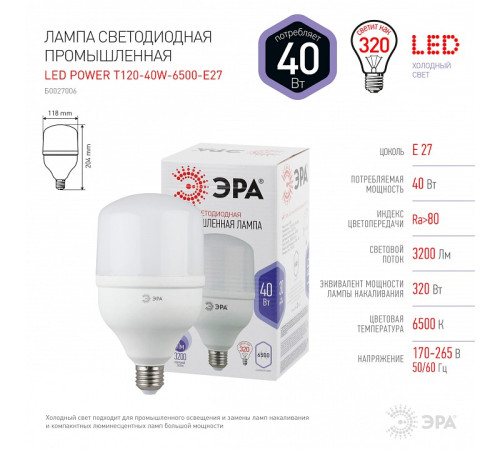 Лампа светодиодная Эра Стандарт LED POWER T120-40W-6500-E27